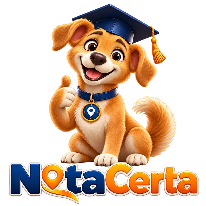Mascote NotaCerta usando capelo e bússola